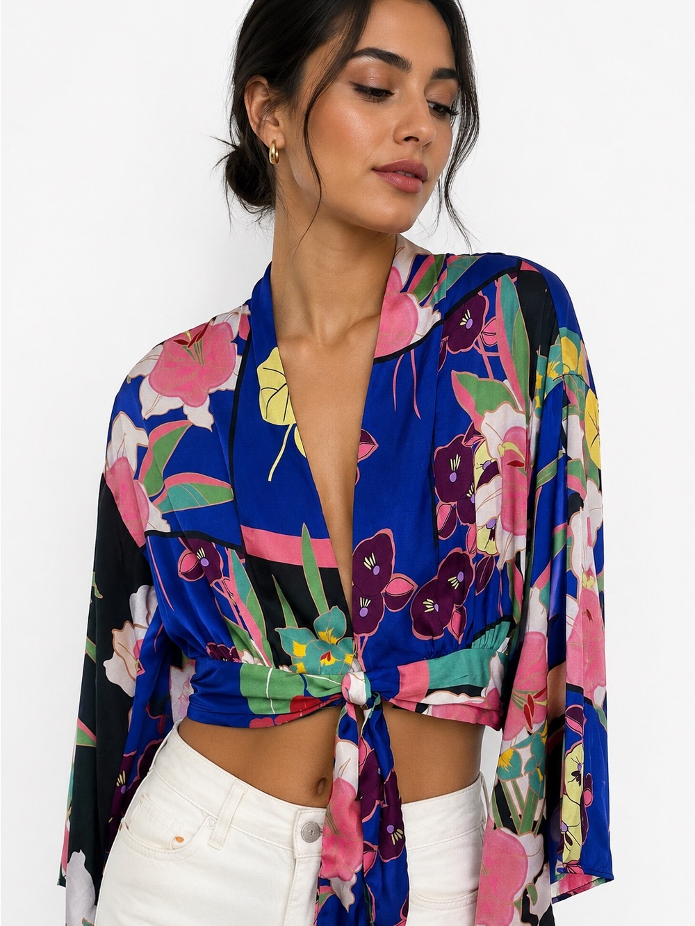 Zara Floral Tie Front Crop Blouse XS